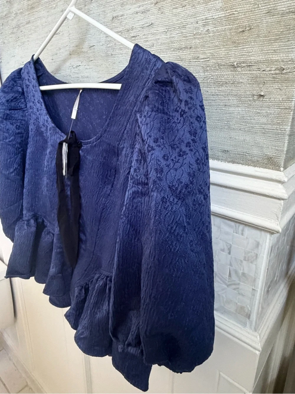 NWT new medium free people Pamela bow blouse top blue buttons puff sleeves